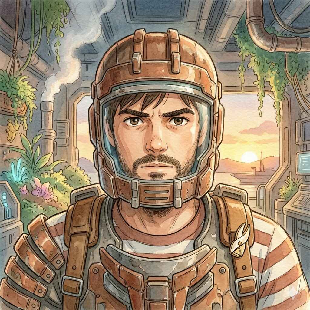 Um personagem com traje espacial no estilo do studio ghibli com cenário pós apocalíptico no fundo.